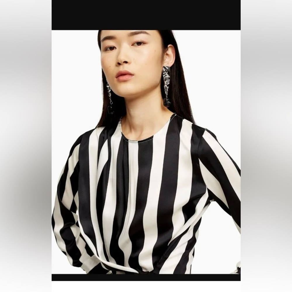 Topshop Womens Black White Crewneck Long SLeeves Chic Stripe Tie Side Blouse 8